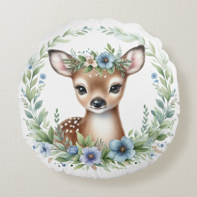 Almofada Redonda Bebê Veado Fofo com Floral Azul (Frente)