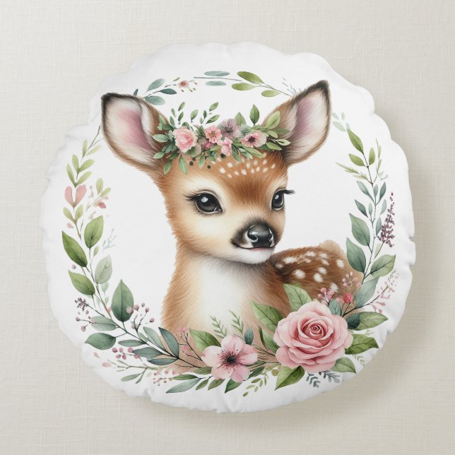 Almofada Redonda Bebê Veado Fofo com Floral Rosa (Frente)