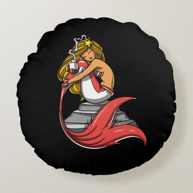 Almofada Redonda Bebendo De Café Com Sereia Cuja Lover Mágica (Frente)