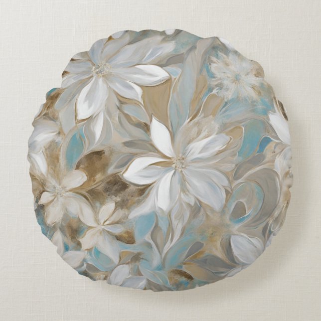 Almofada Redonda Bege Marrom Azul Turquesa Floral (Frente)