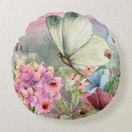 Almofada Redonda Beijos de borboletas coloridas entre flores silves