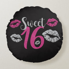 Almofada Redonda Beijos de prata cor-de-rosa Glittery do doce 16