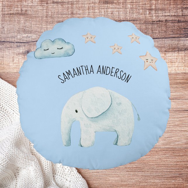 Almofada Redonda Bela Moderna Pastel Blue Elephant & Stars Kid (Criador carregado)