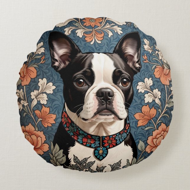 Almofada Redonda Belo Boston Terrier William Morris Inspirou (Frente)