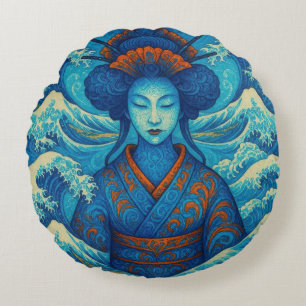 Almofada Redonda Belo oriental ondas azuis Geisha Kanagawa