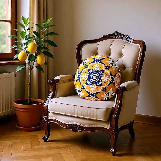 Almofada Redonda 💛 💙 🤍 Belos Azulejos azuis e amarelos (Beautiful blue and yellow Azulejos Round Pillow)