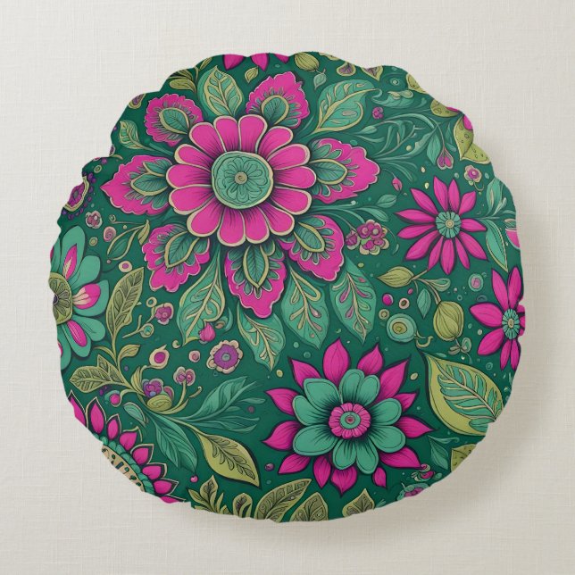 Almofada Redonda Belos Flores Mandala Floresce rosa verde (Frente)