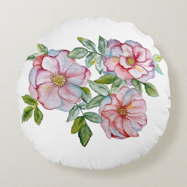 Almofada Redonda Belos rosas de aquarela realistas. (Frente)