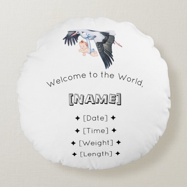 Almofada Redonda Bem-vindo ao World Custom Name & Birth Stats Bab (Frente)