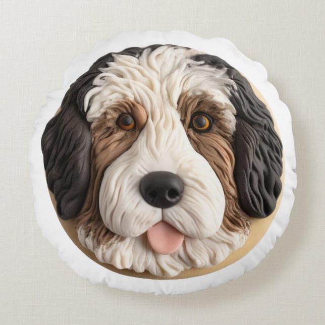 Almofada Redonda Bernedoodle Cachorro 3D Inspirado (Frente)