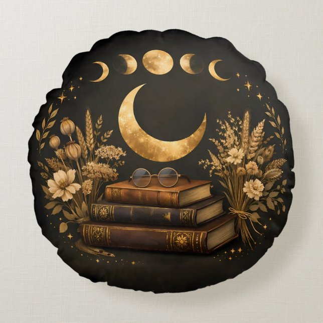 Almofada Redonda Biblioteca Mística Dourada & Arte Boho Botânica da (Frente)