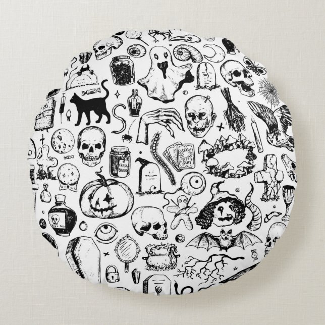 Almofada Redonda Big halloween doodles collection. Hand drawn vinta (Frente)