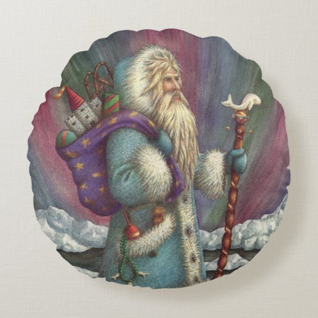 ALMOFADA REDONDA BINTEIRA AZUL, LUZES DE NORTE E PINGUINAS (Frente)