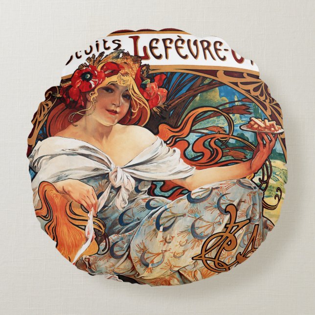 Almofada Redonda Biscoito, Travesseiro decorativo Alphonse Mucha (Frente)