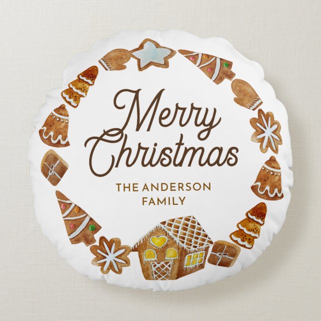 Almofada Redonda Biscoitos de Natal Personalizados de Gengibre (Frente)