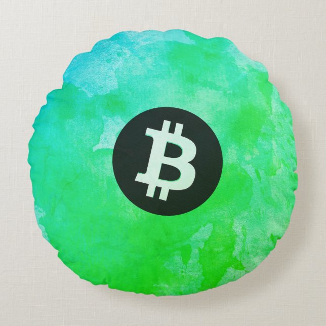 Almofada Redonda Bitcoin Aquarela (Estilo $ - Green Day) (Frente)