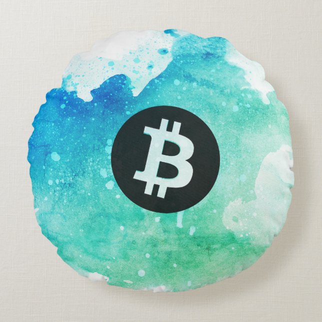 Almofada Redonda Bitcoin Watercolor (Style 5 - Wave Rider) (Frente)