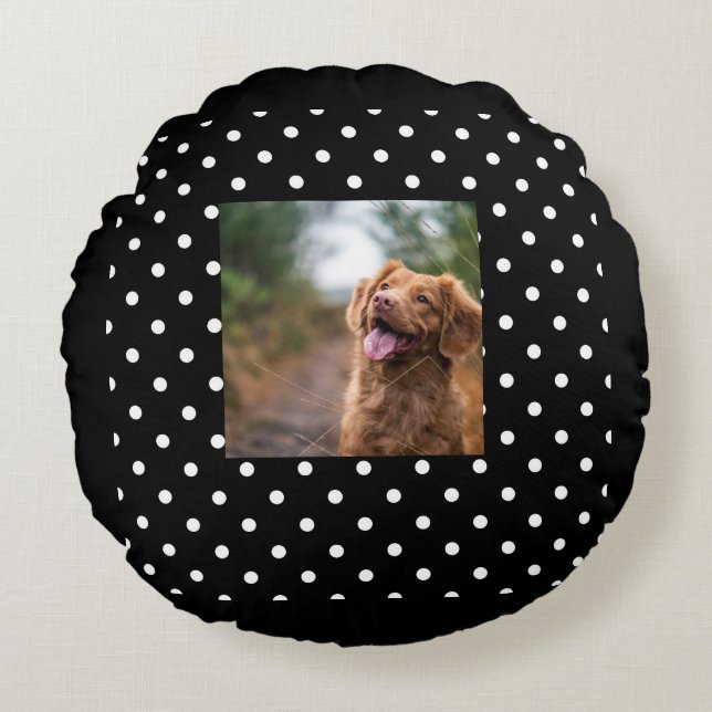 Almofada Redonda Black and white polka dot Dog pic (Frente)