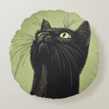 Black Cat Vintage Lino Impressão Round Cushion
