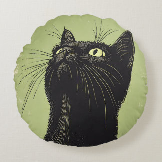 Almofada Redonda Black Cat Vintage Lino Impressão Round Cushion