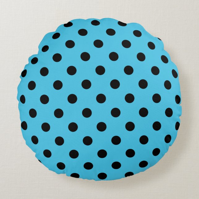 Almofada Redonda Black Polka Dots on Aqua Blue Round Pillow (Frente)