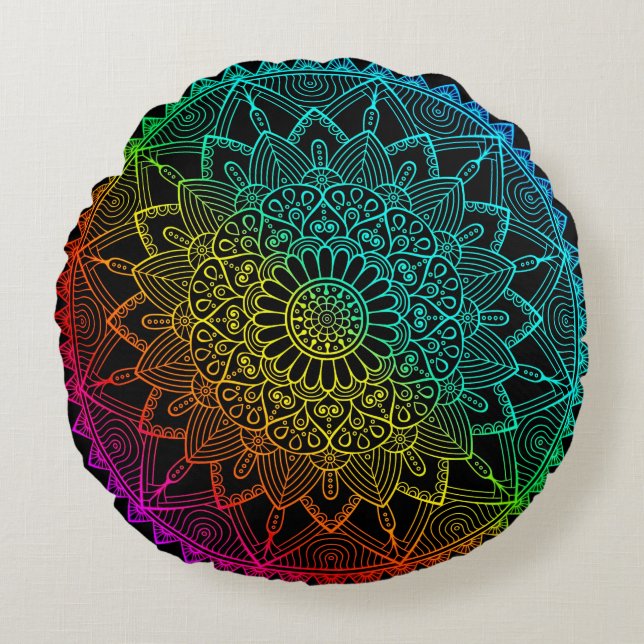Almofada Redonda Black Rainbow Mandala (Frente)
