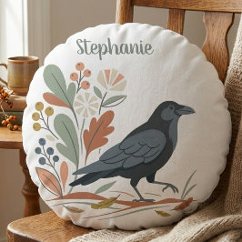 Almofada Redonda Black Raven Bird Botanical Autumn