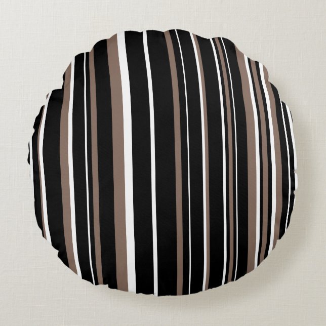 Almofada Redonda Black, Taupe Brown e White Barcode Stripe (Frente)