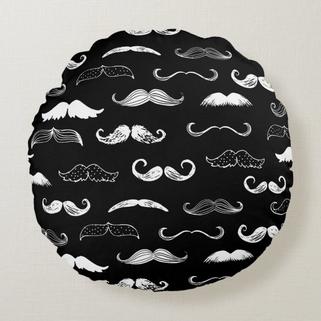 Almofada Redonda Black & White Moustache Seamless Repeat Background (Frente)