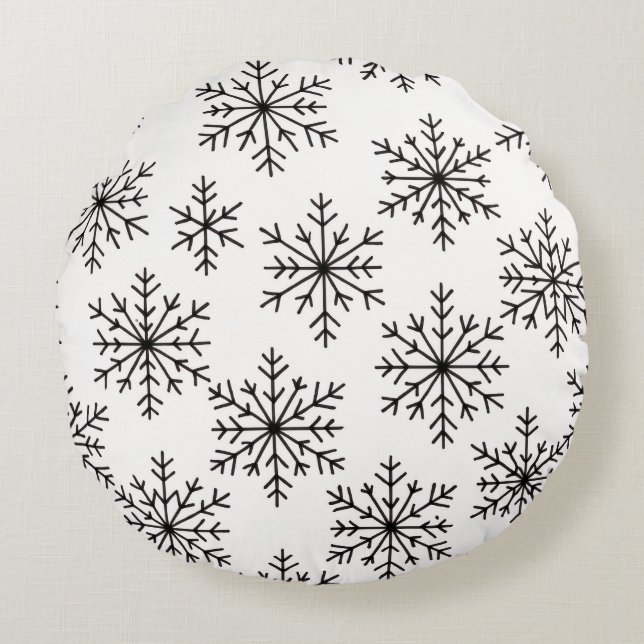 Almofada Redonda Black & White Snowflake Throw Pillow – Minimalist  (Frente)