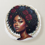 Almofada Redonda Black Woman Dark Floral Afro<br><div class="desc">Celebrate the beauty of black women with this gorgeous print showcasing a gorgeous AfricanAmerican woman wearing her crowning glory in a classic round curly afro. Her naturally elegant hair is accented with deep jewel tone flowers. Check out the Beautifully Black shop for matching items!</div>