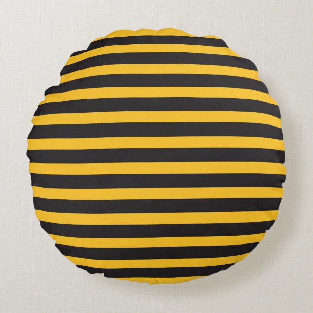 Almofada Redonda Black Yellow Horizontal Lines Geometric Bee Animal (Frente)