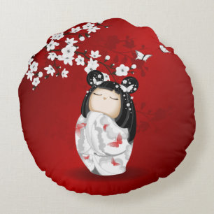 Almofada Redonda Blossomas de Cereja Branca Vermelha Negra Kokeshi