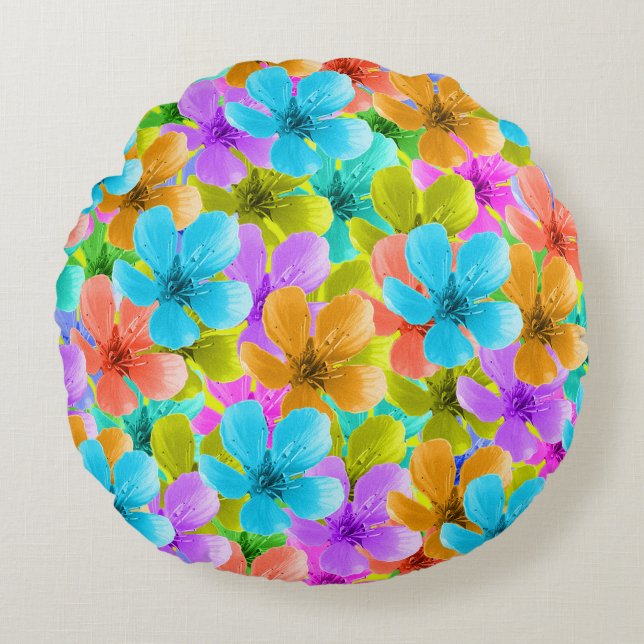 Almofada Redonda Blossomas Vibrantes Multicoloridos, (Frente)