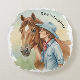 Almofada Redonda Blue Cowboy Kissing a Horse Birthday Party Gift