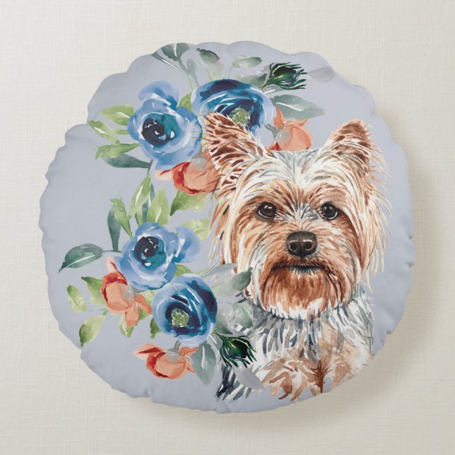 Almofada Redonda Blue Floral Buquê Yorkshire Terrier (Frente)