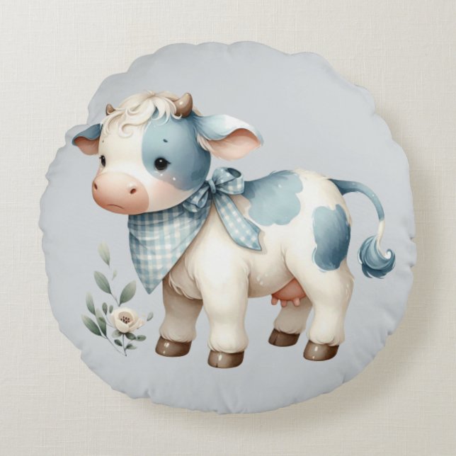 Almofada Redonda Blue Gingham Baby Cow Pastel Farm Aesthetic (Frente)