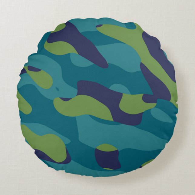 Almofada Redonda Blue Green and Teal Camo Abstract (Frente)