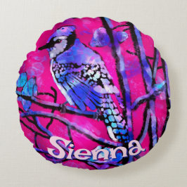 Almofada Redonda Blue Jay Bird Tree Branch Pink Personalized 