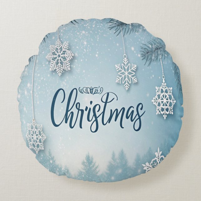 Almofada Redonda Blue Soft & Calm Christmas Snow Crystal Design-  (Frente)