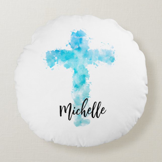 Almofada Redonda Blue Watercolor Christian Cross Baptism (Frente)
