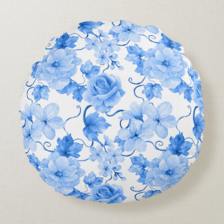 Almofada Redonda Blue & White Chinoiserie Floral Botanical Print