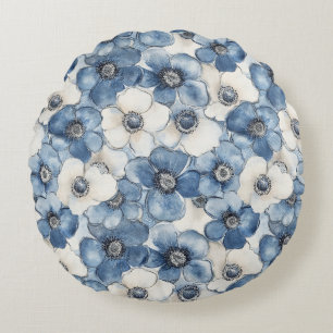 Almofada Redonda Blue White Denim Heart Stripes Floral