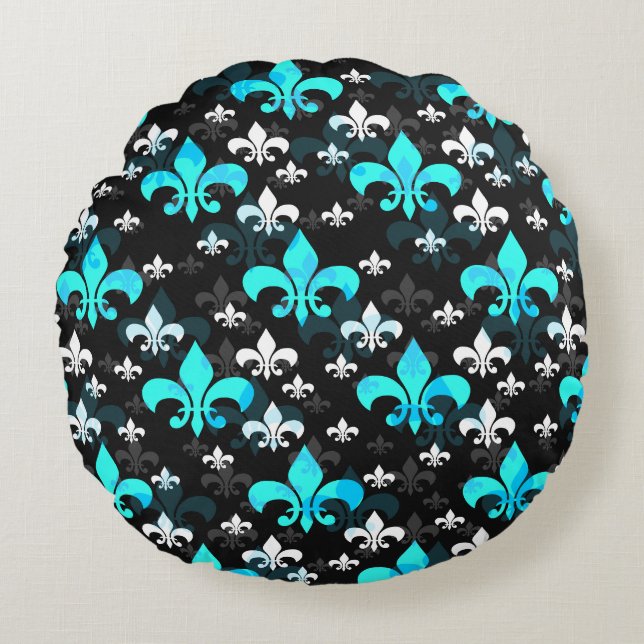 Almofada Redonda Blue White Fleur De Lis (Frente)