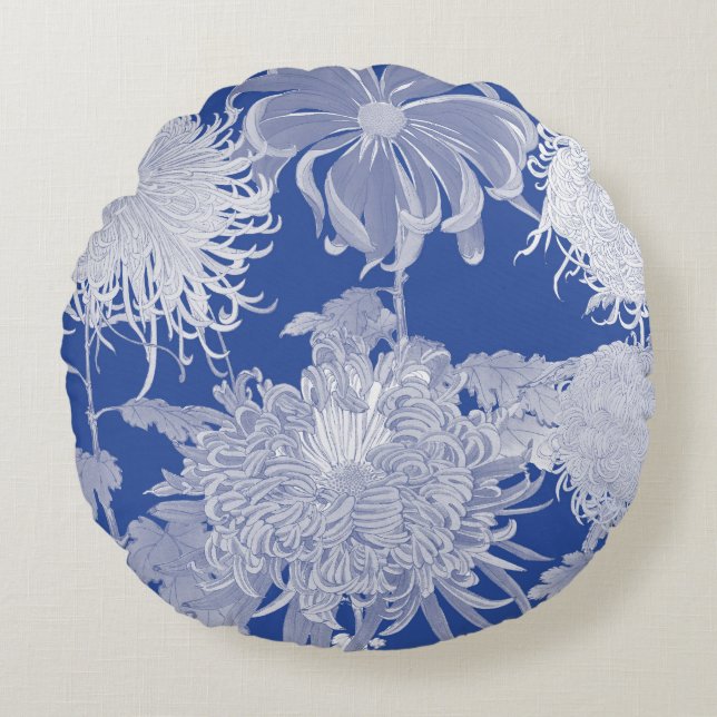 Almofada Redonda Blue White Vintage Chinoiserie Floral (Frente)