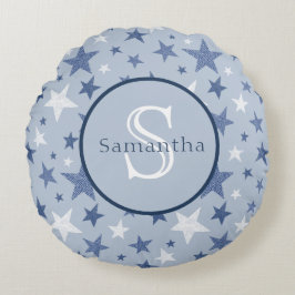 Almofada Redonda Blue & White Winter Stars Monograma Personalizado
