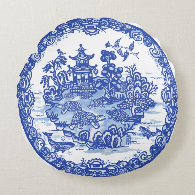 Almofada Redonda Blue Willow Isle of Turtles Whimsical Garden (Frente)