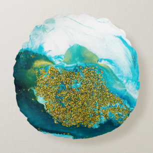 Almofada Redonda Blue with gold glitter fluid art, creative abstrac