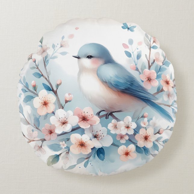 Almofada Redonda Bluebird Blossom Aquarela Serenidade (Frente)