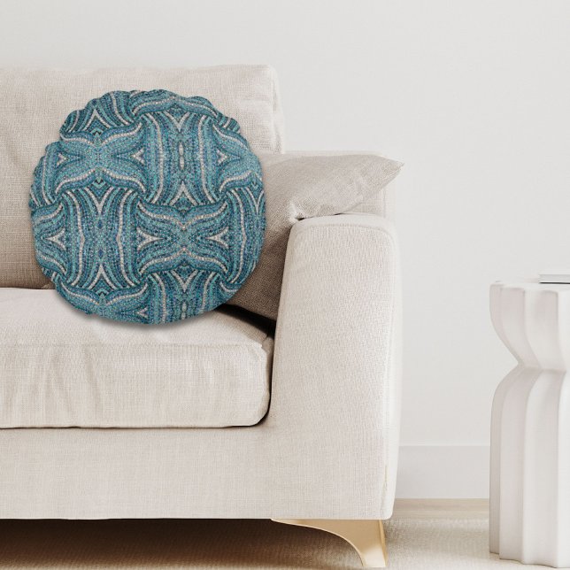 Almofada Redonda Boêmia azul-de-tartaruga-prateada (grey silver turquoise teal blue bohemian round pillow)